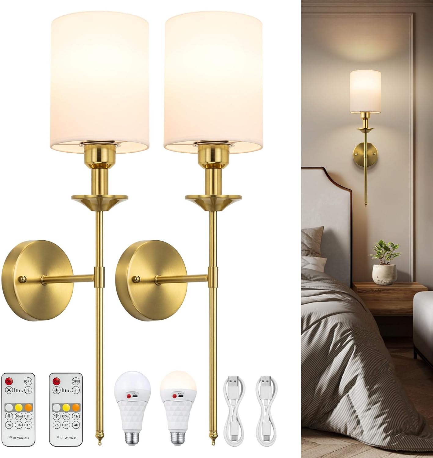 Battery Operated Wall Sconce, 13000mAH Rechargeable Wall Sconce Set of 2 with Remote 3 Colors Wireless Battery Powered Wall Lamp Decor Fixture for Bedroom Living Room