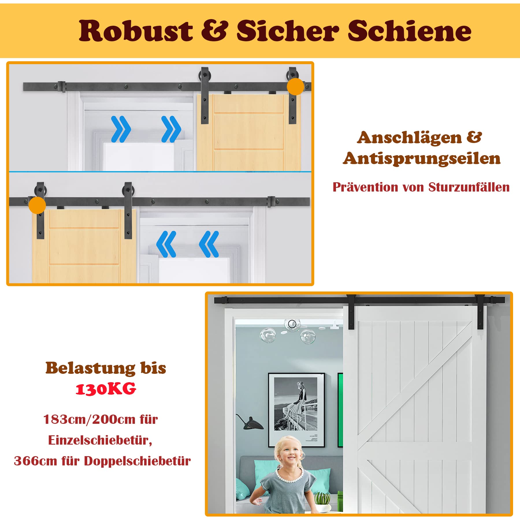 SUBTLETY 366cm Set di Cancelli Scorrevoli per Porta Scorrevole Kit in Acciaio al Carbonio con Binario e Guida a Pavimento Carico fino a 130KG Scorrevole per 35-45mm Porta di Esterno & Interno