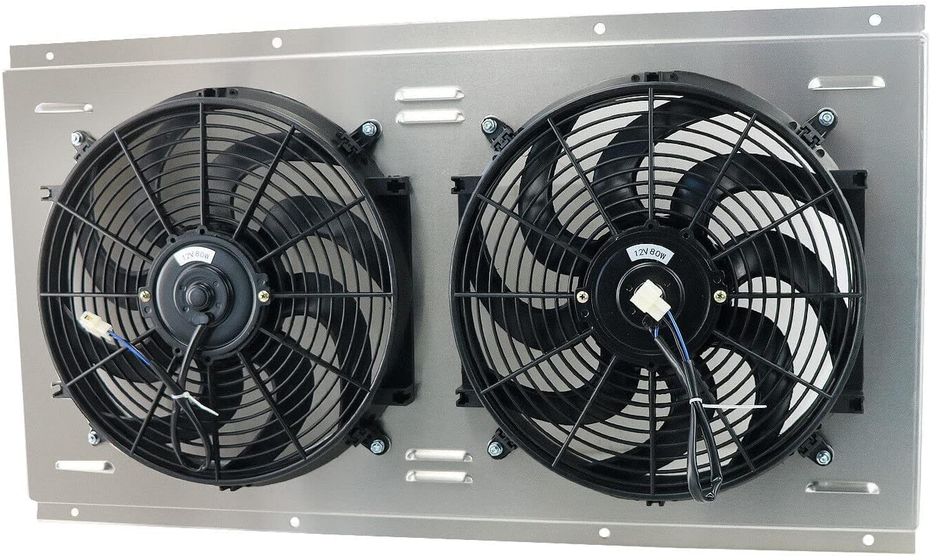 DPI1520 Aluminum Radiator Shroud with Electric Fan for 1988-2000 Chevy GMC C/K C1500 C2500 C3500 K1500 K2500 K3500 Suburban Blazer Tahoe Yukon 5.7L-7.4L V8 2x14" Fans Thermostat Relay Kit