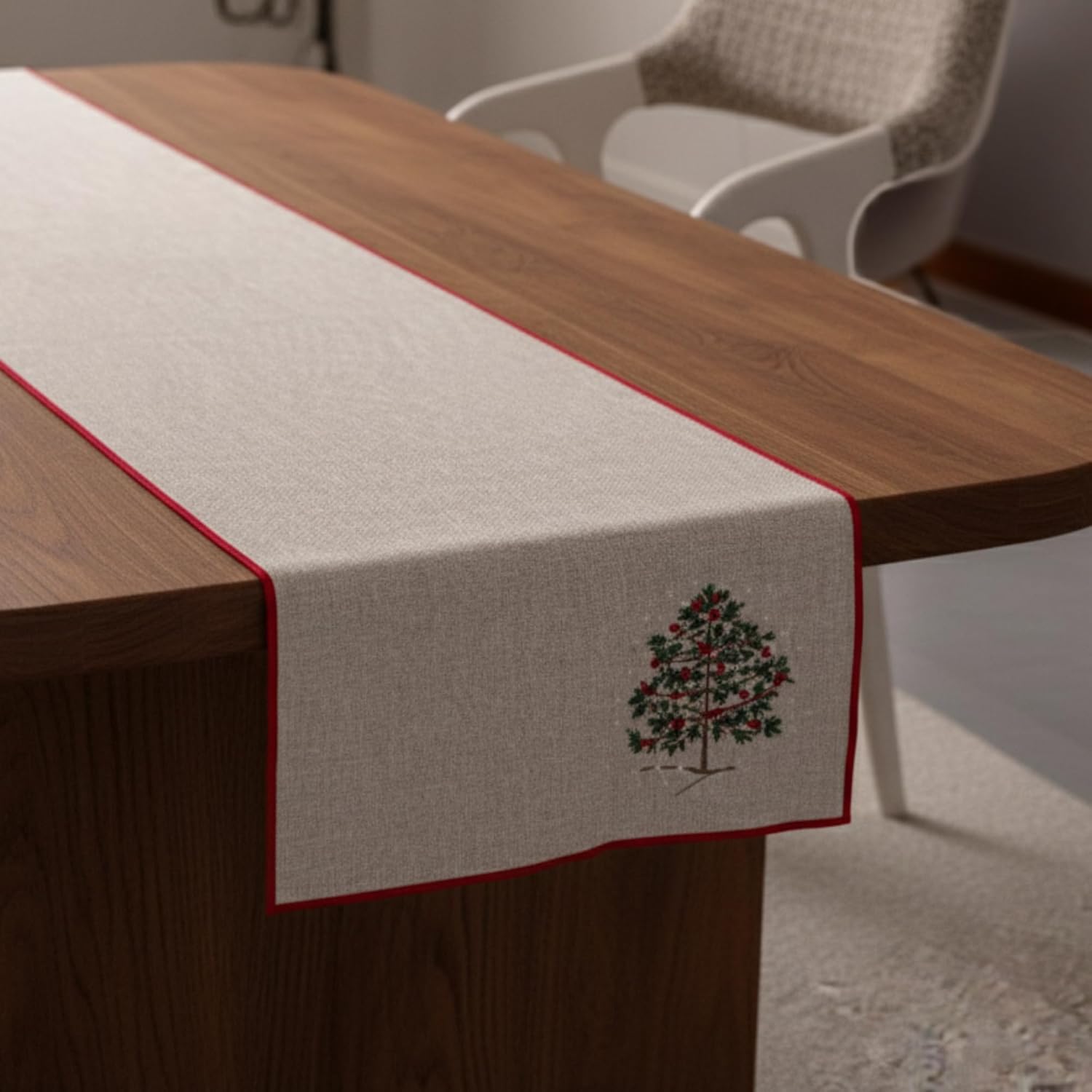 Christmas Table Runner 14x72 inch – Embroidered Holiday Tree, Beige with Red Piping – Made in Türkiye