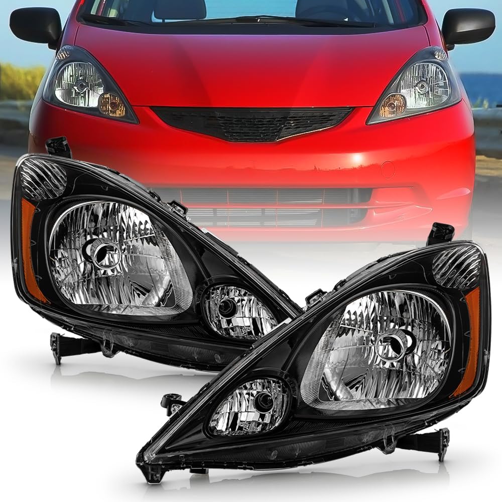 KEEKPO - For 2009 2010 2011 2012 2013 2014 Honda Fit Black Housing Headlights Headlamps Assembly Replacement Left+Right
