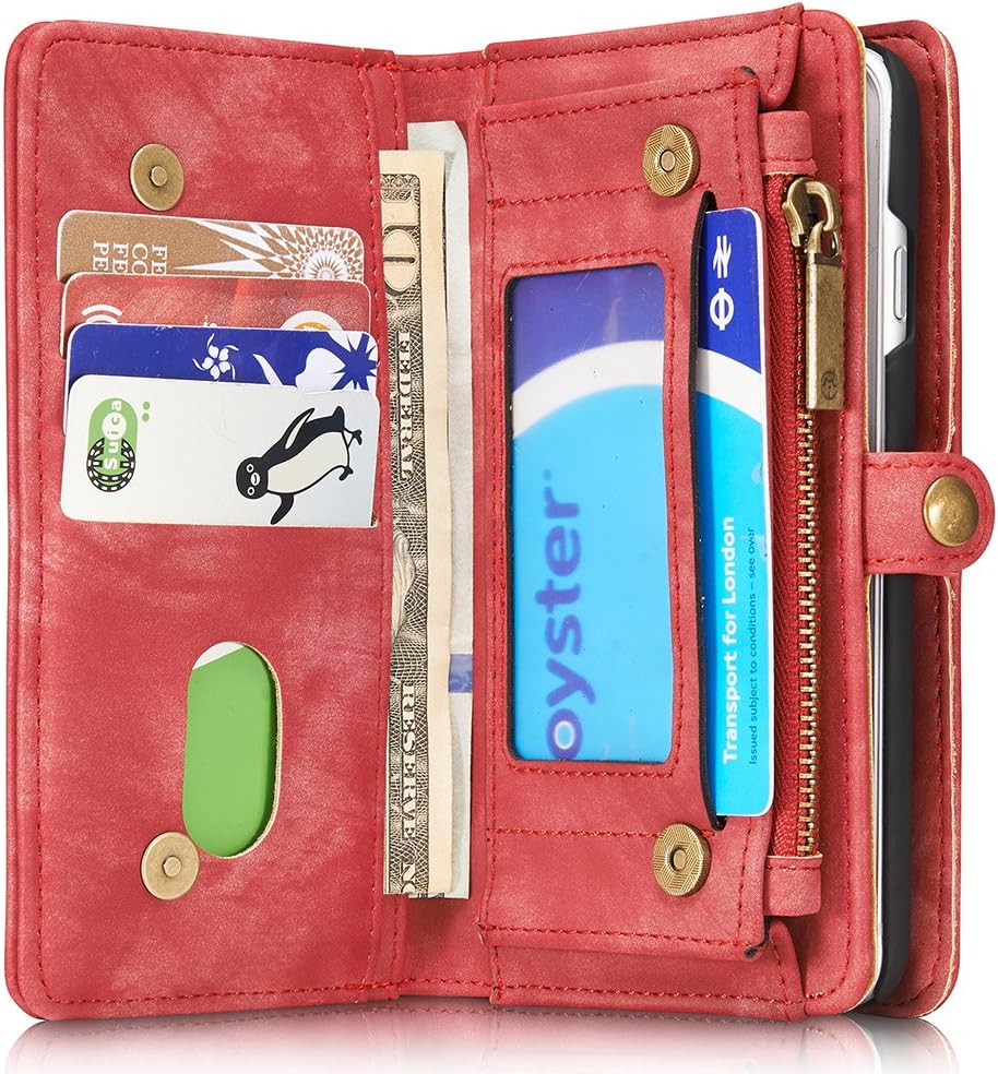 FLY HAWK iPhone 7 Plus Leather Wallet Magnetic Phone Case Detachable Protective Case with Card Holder Folio Flip Cover, Red