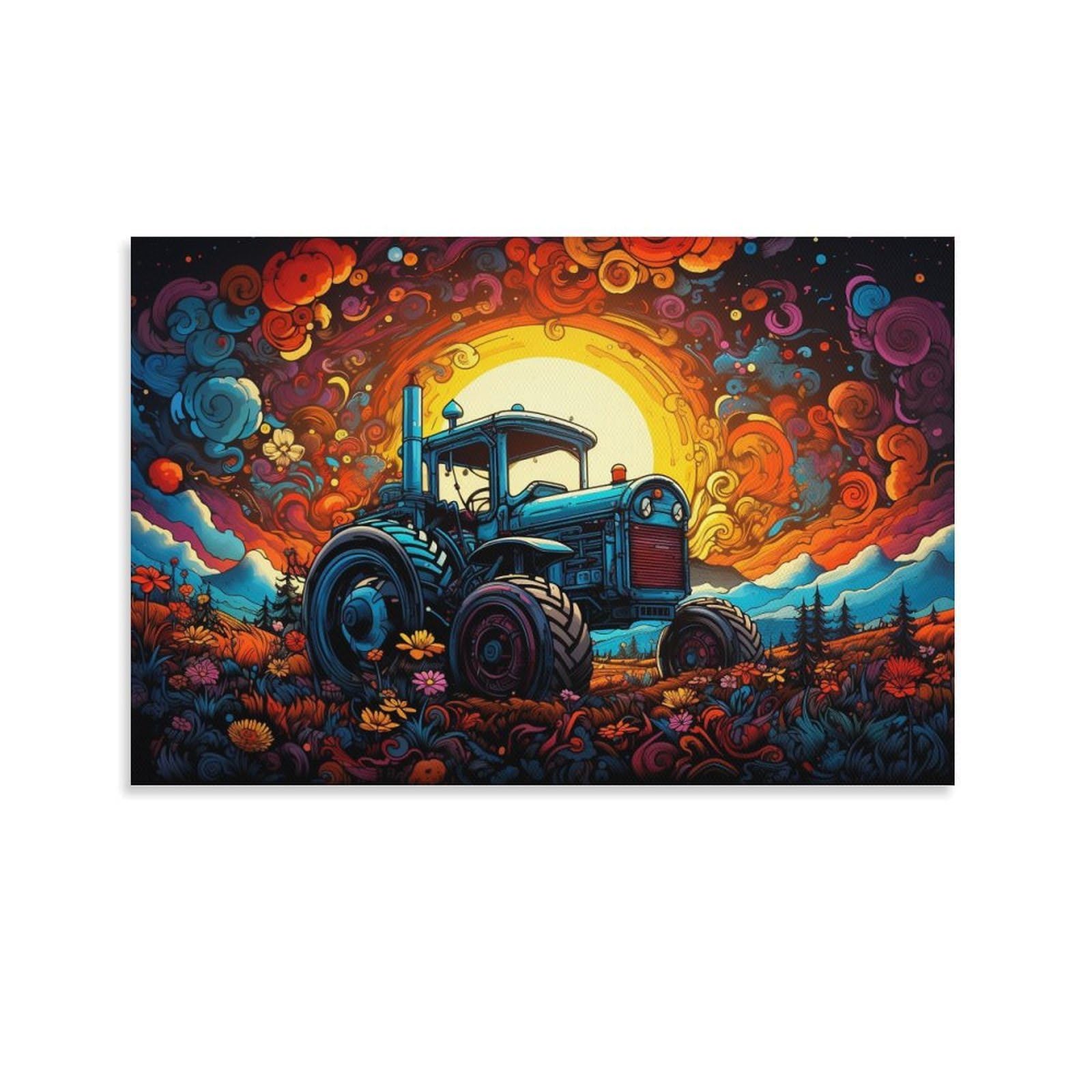 CPLVKWRQJ Bright Magical Colorful Individual Vintage Tractor Sunset Painting Canvas Wall Art - Office Canvas Print Fade Resistant Wall Focal Art Ready to Hang 08x12inch(20x30cm)