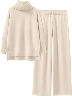 Women Two Piece Outfits Oversized Turtleneck Knit Pullover Sweater Top Wide Leg Pants Lounge Set Sweatsuit 2025 Fall