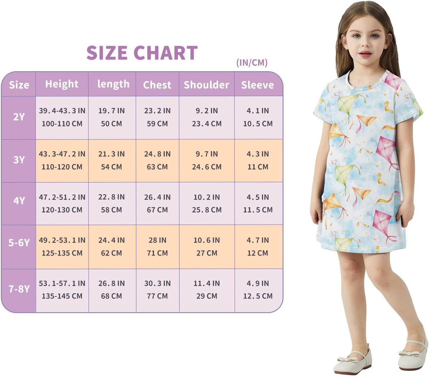 Colorful Kites Girls Dresses Summer Dresses for Girls with Cotton Short Sleeves for Casual a Line Dress Size 2-8Y
