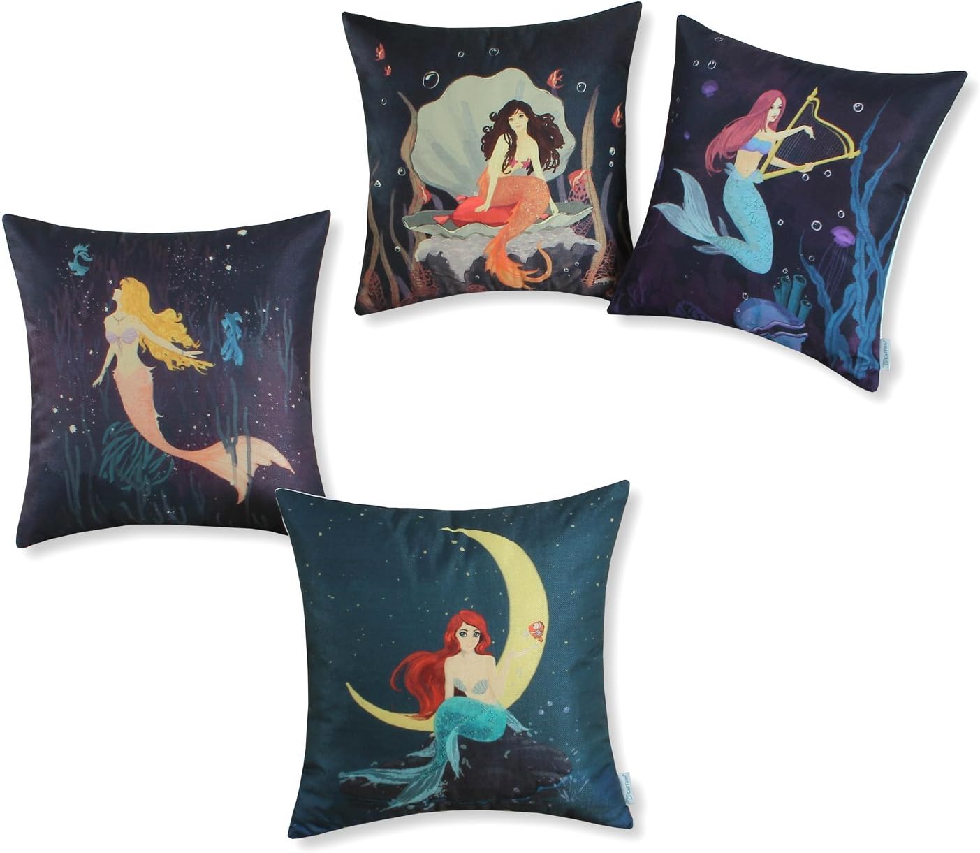 CaliTime Set of 4 Soft Canvas Throw Pillow Covers Cases for Couch Sofa Home Decoration 18 X 18 Inches Cartoon Mermaid Print Colorful Drawning