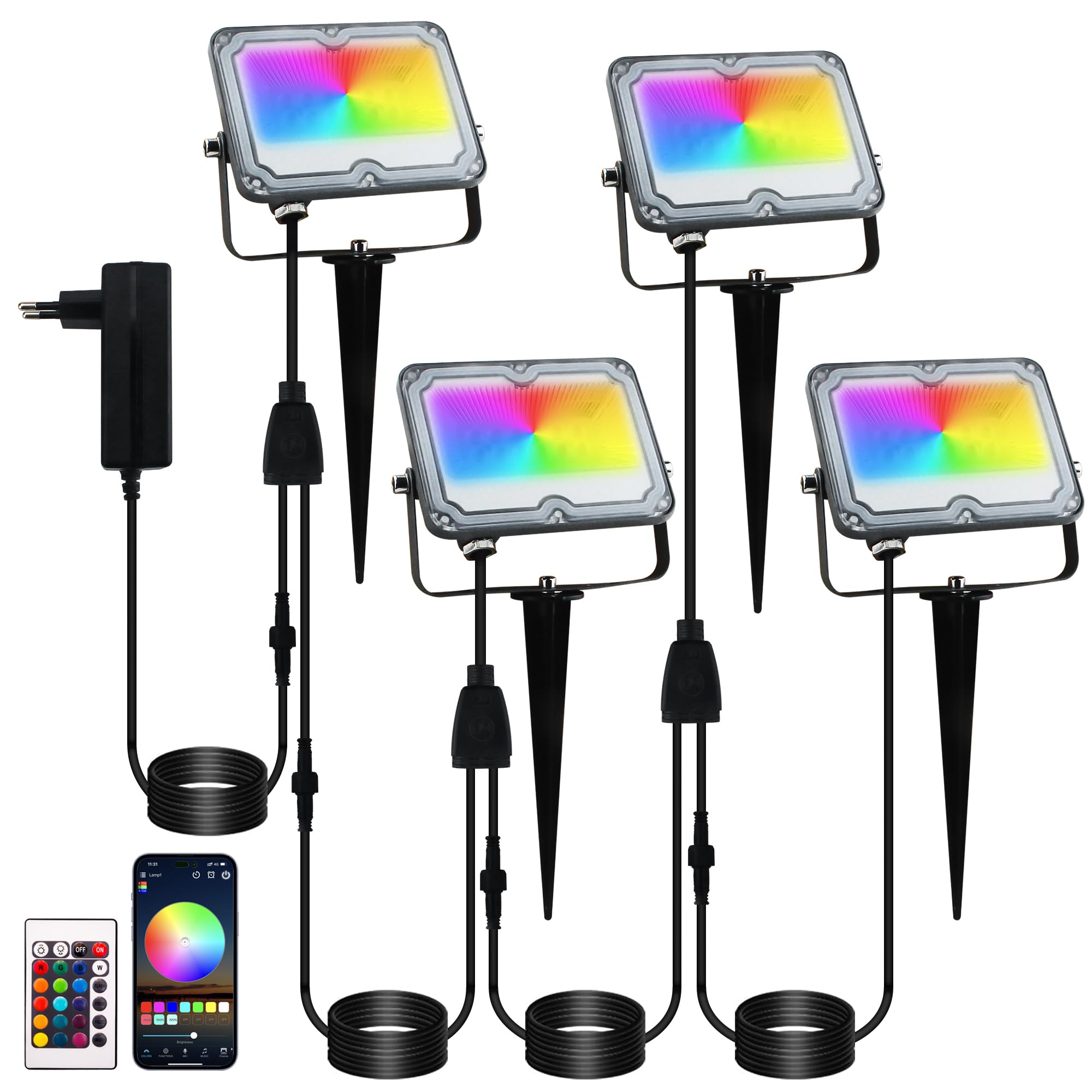 RGB LED Strahler 10W, 4 Stück Rgb flutlicht, RGB Außen Strahler IP66 Wasserdichter, LED Gartenbeleuchtung mit Fernbedienungfür Hof Garten Baum Landschaft Rasen Weg- (24V)
