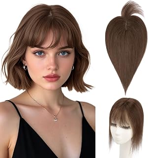 Hairro Human Hair Topper with Wispy Bangs, Clips on 360° 3D Cover Real Hairpieces Lightweight, 2.25"x6" Base for Women with High Hairline/Thinning Hair, 10 Inch Dark Brown Bangs