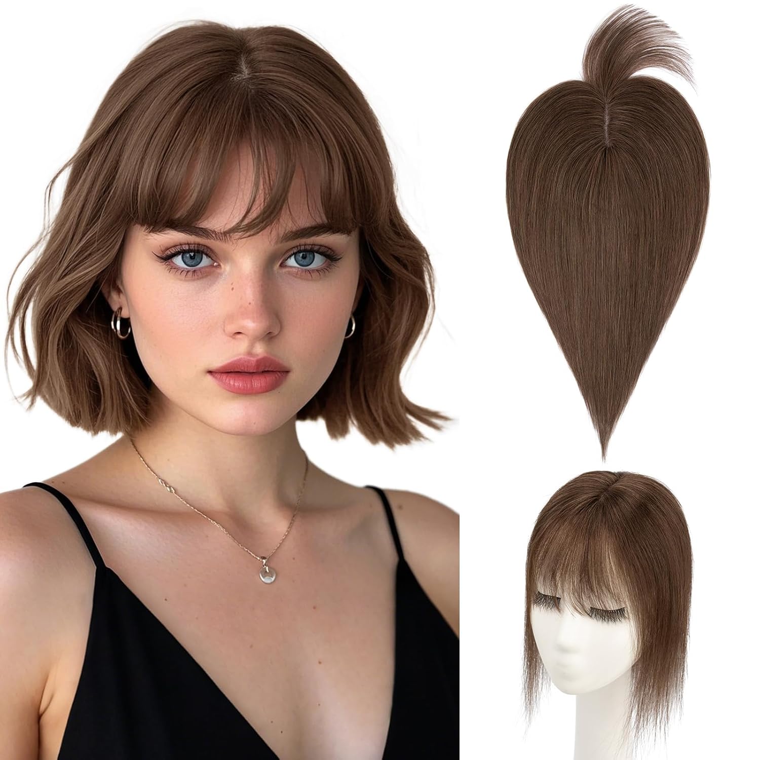 Hairro Human Hair Topper with Wispy Bangs, Clips on 360° 3D Cover Real Hairpieces Lightweight, 2.25"x6" Base for Women with High Hairline/Thinning Hair, 12 Inch Dark Brown Bangs