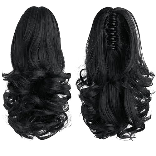 Miniatura 5 de HSPJHTM - Extensión de cola de caballo de color negro, pinza de extensiones de cabello rizado para mujer, extensiones de cabello sintético de cola