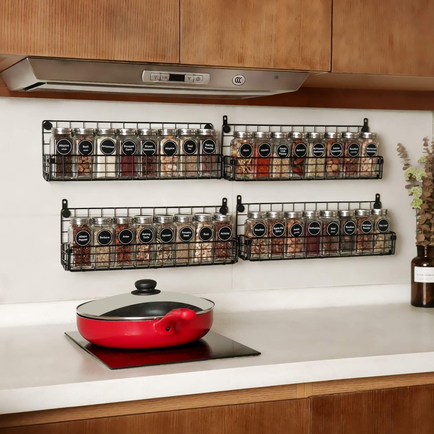 Spice Rack Organizer Wall Mounted 4-Tier Stackable Black Iron Wire Hanging Spice Shelf Storage Racks,Great for Kitchen and Pantry Storing Spices, Household Items,Bathroom and More(Patent No.:US D909,138 S)
