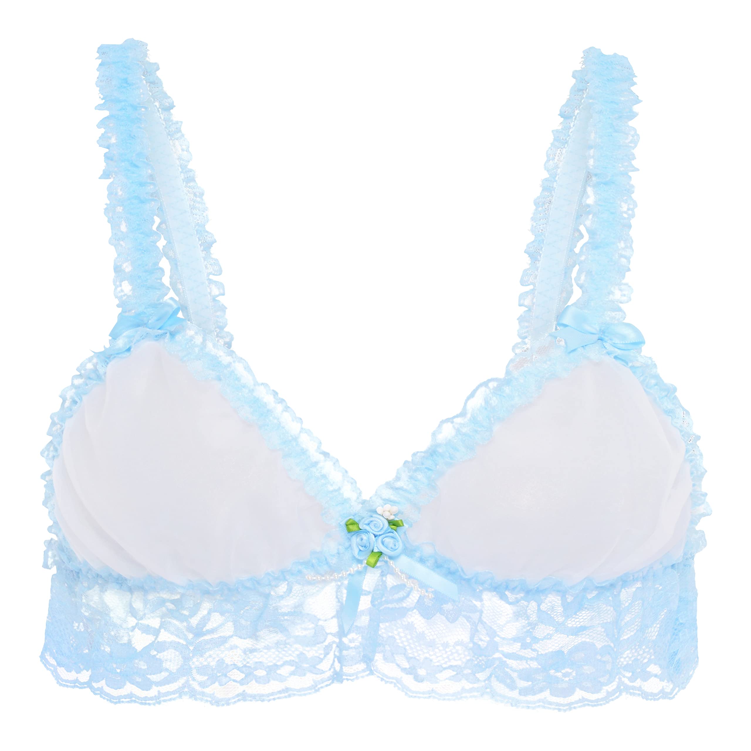 Satini Women's White - Baby Blue Sissy Frilly Lace Fitted Sheer Bralette (, S)