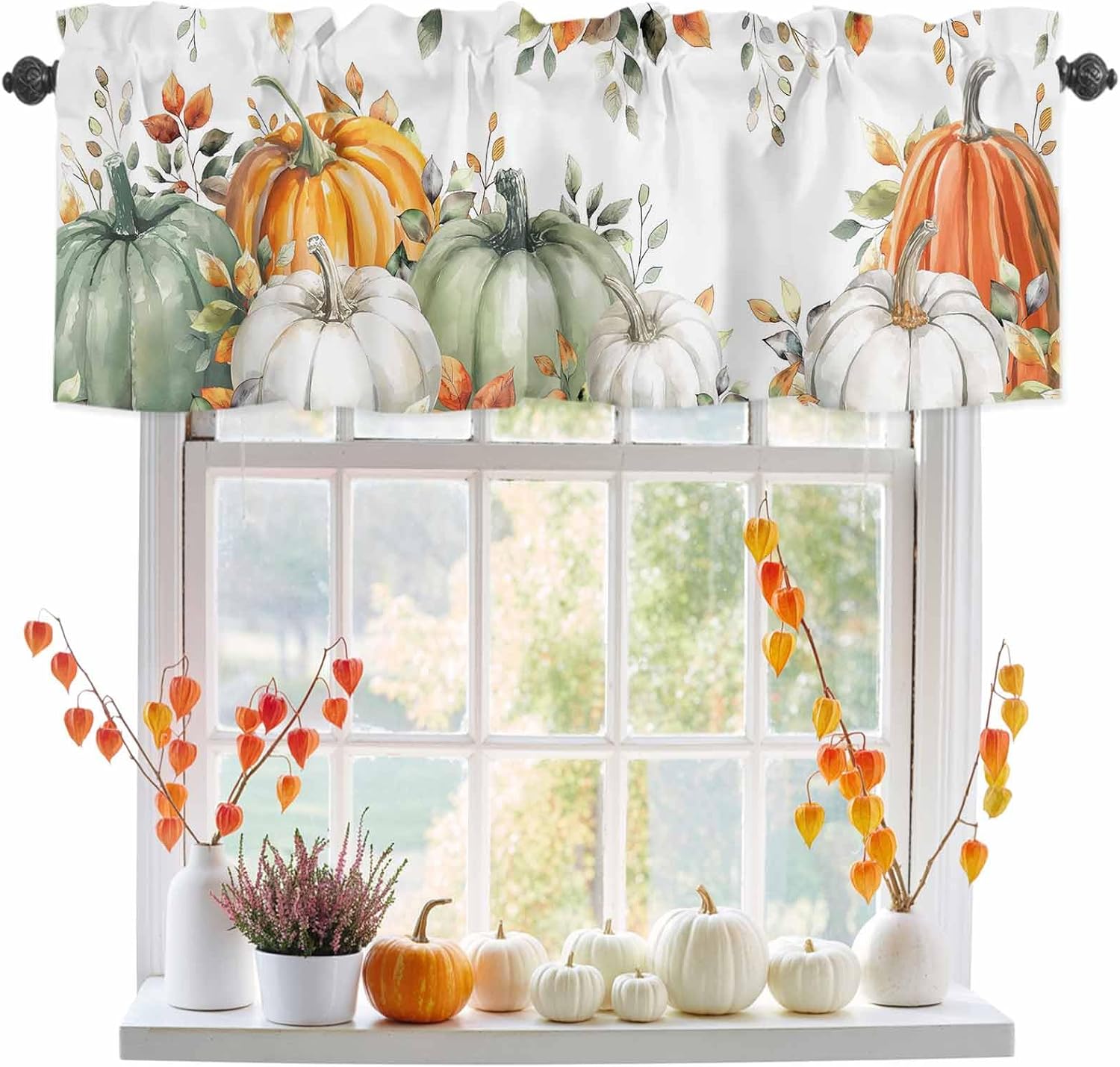 Fall Valance for Windows Thanksgiving Curtains Valances Green Orange Pumpkin Valance Window Treatments Autumn Eucalyptus Leaves Short Curtains for Kitchen Living Room Bedroom Holiday Decor 54x18