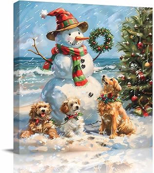 Christmas Beach Canvas Print Wall Art Painting, Modern Wall Decor for Bedroom Living Room Giclee Artwork HD Picture Strenched and Framed Xmas Snowman Dogs Pine Trees Snowflake 24x24 inch