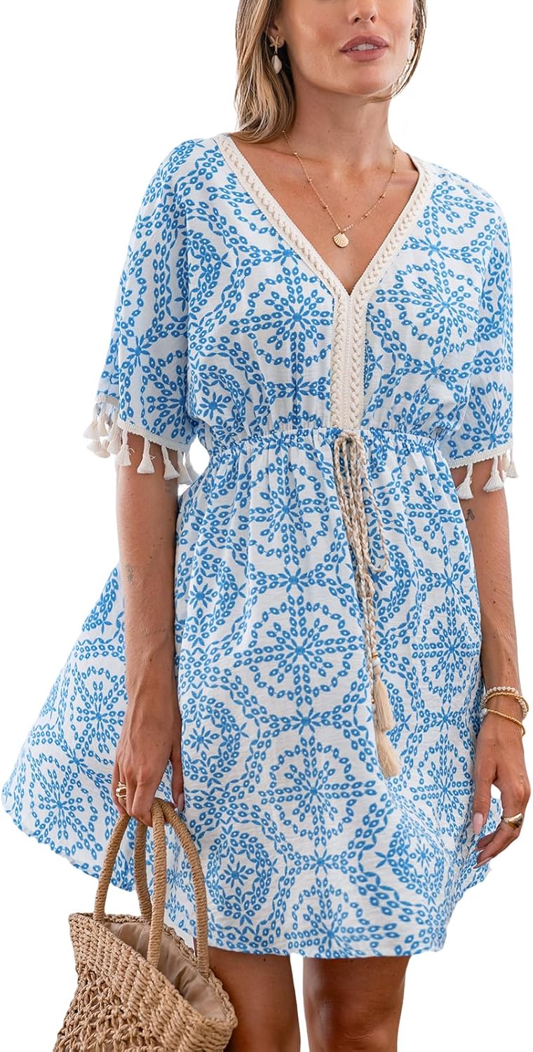 CUPSHE Women Tassel Trim Summer Dress V Neck Lace Short Sleeve Paisley Boho Casual Sundress Holiday Beach Mini Dress