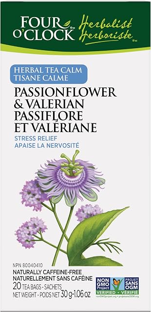 Four O'Clock Herbalist Herbal Tea Calm Passionflower & Valerian, Non Gmo Project, Kosher, Gluten-Free, 20 Teabags