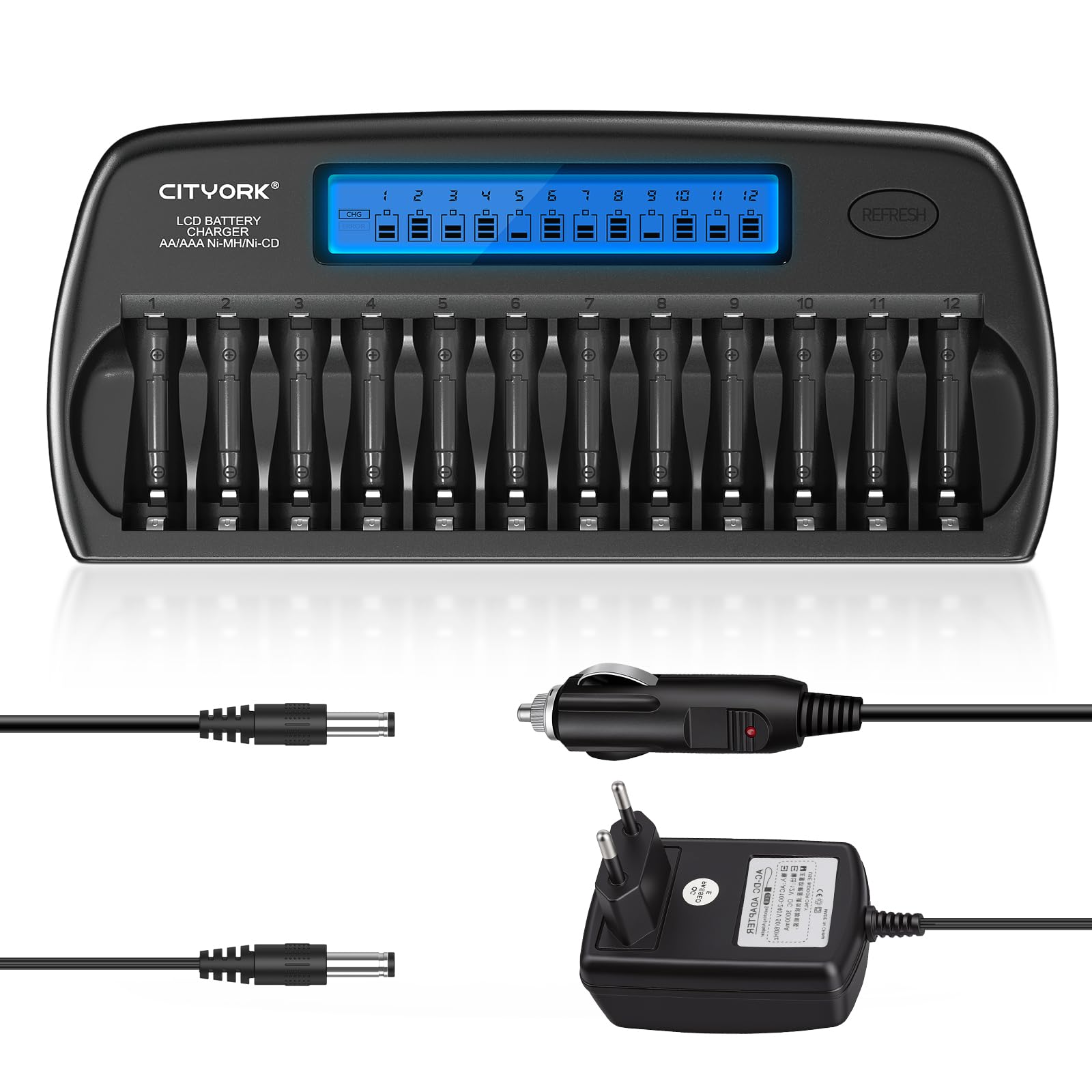 CITYORK Chargeur de Piles 12 Slots pour Ni-MH Ni-CD AA/AAA Piles Rechargeables avec écran LCD Intelligent et décharge et Protection IC intégrée
