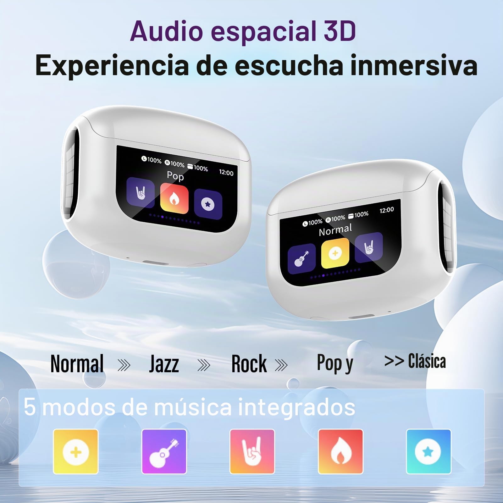 Thunelec Auriculares Inalambricos con Pantalla Táctil LED, 2026 Nuevo Auriculares Bluetooth 5.4 con Reducción de Ruido ANC+ENC y HD Mic, 48H Cascos Inalambricos con HiFi Estéreo/5 Modos EQ, Blanco