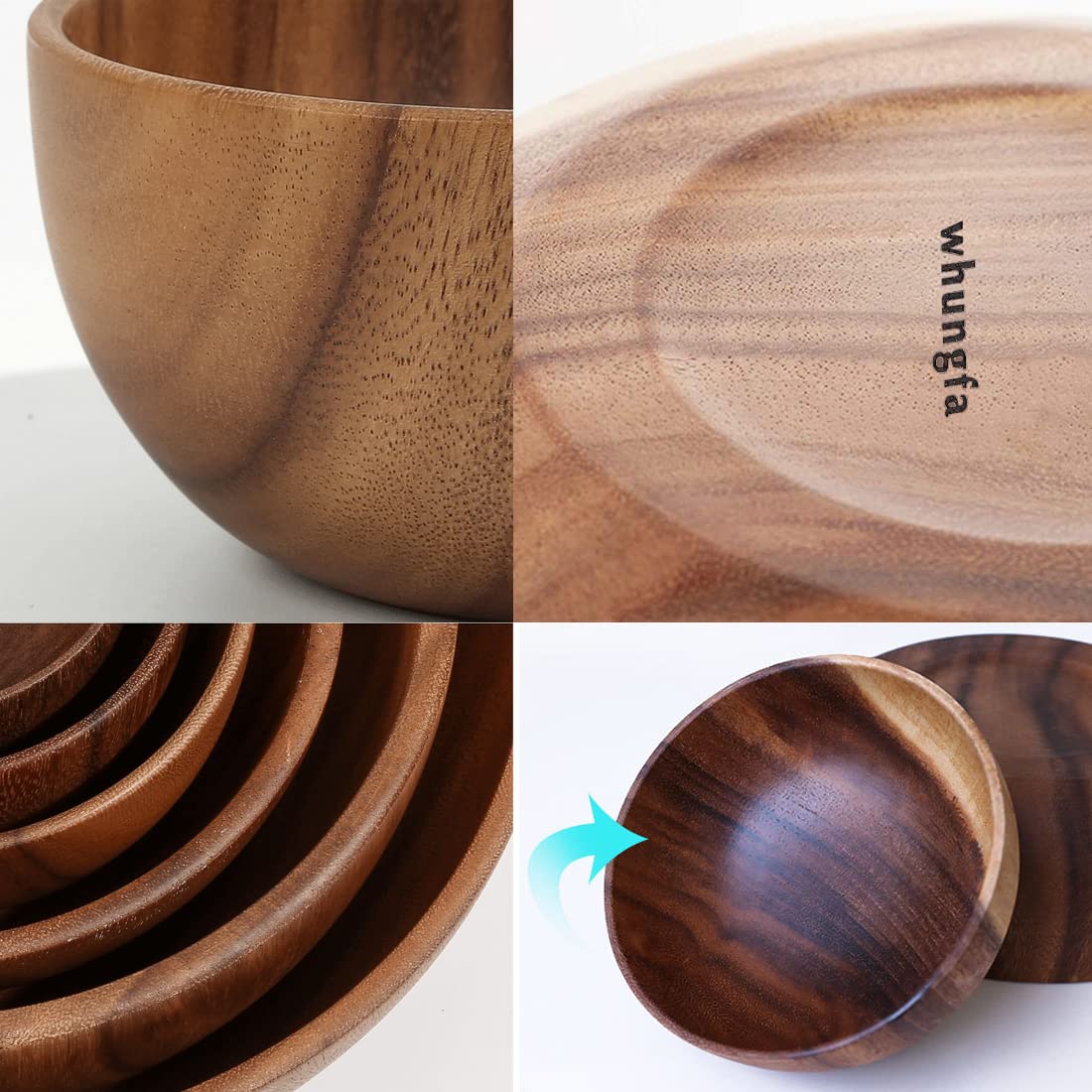 Hecho a mano a partir de ensaladas de madera maciza de acacia 7.1 o 7.9 pulgadas, juego de 2 cuencos individuales de madera grandes para frutas, ensaladas y decoración de fruteros para aperitivos