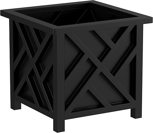 Pure Garden Lattice Design Planter Box – 14.75-Inch-Square Decorative Outdoor Flower or Plant Pot – Front Porch, Patio, and Garden Decor (Black)