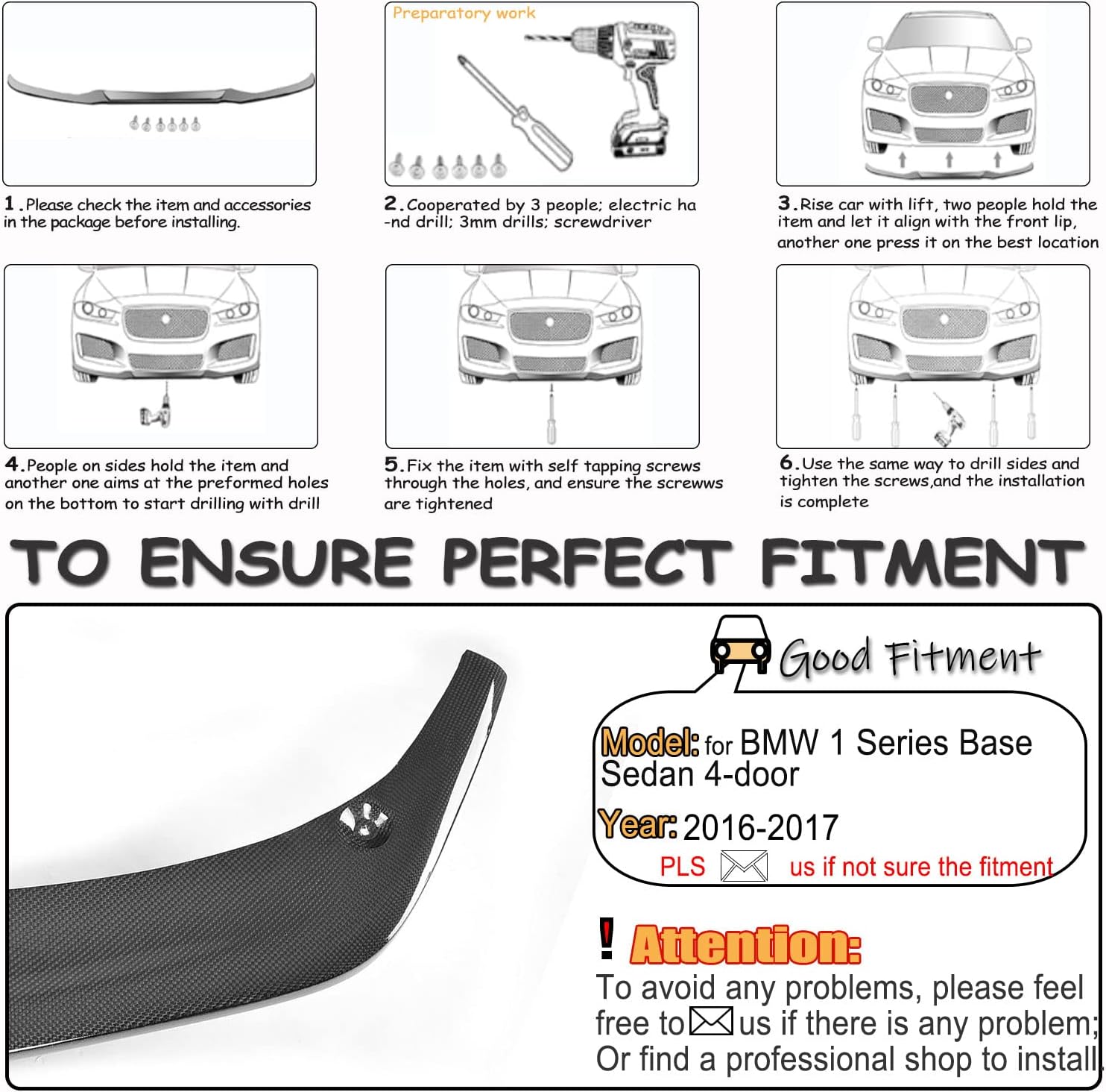 Carbon Fiber Front Bumper Lip for BMW 1 Series 2016-2017 Base Sedan 4-Door Front Chin Spoiler Splitter Protector