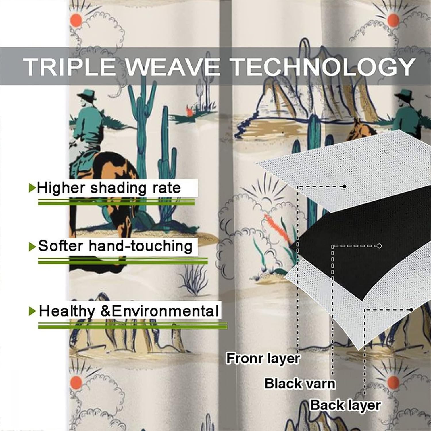 Farmhouse Western Cowboy Blackout Curtains,Western Cowboy Riding Horse in Wild Tropical Cactus Window Drapes Rod Pocket Thermal Insulated Room Darkening Blackout Curtains 2 Panels 63L x 27.5W