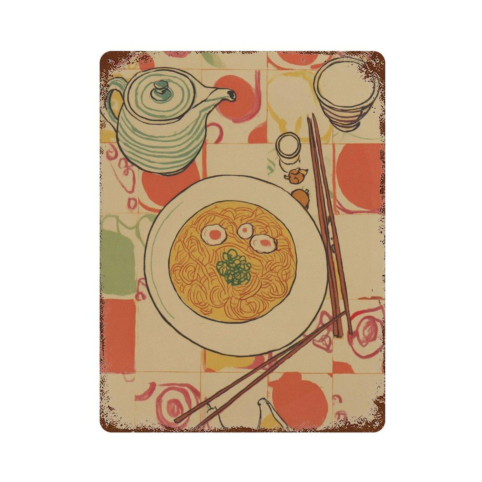xiaoxiaoshen Japanese Ramen Noodle Bowl Food Asian Kitchen Work Minimal Graphic Dining Wall Decor Art Metal Tin Poster Modern Home Decor Art Home Bar Shop Decorations Vintage Sign 40x30cm