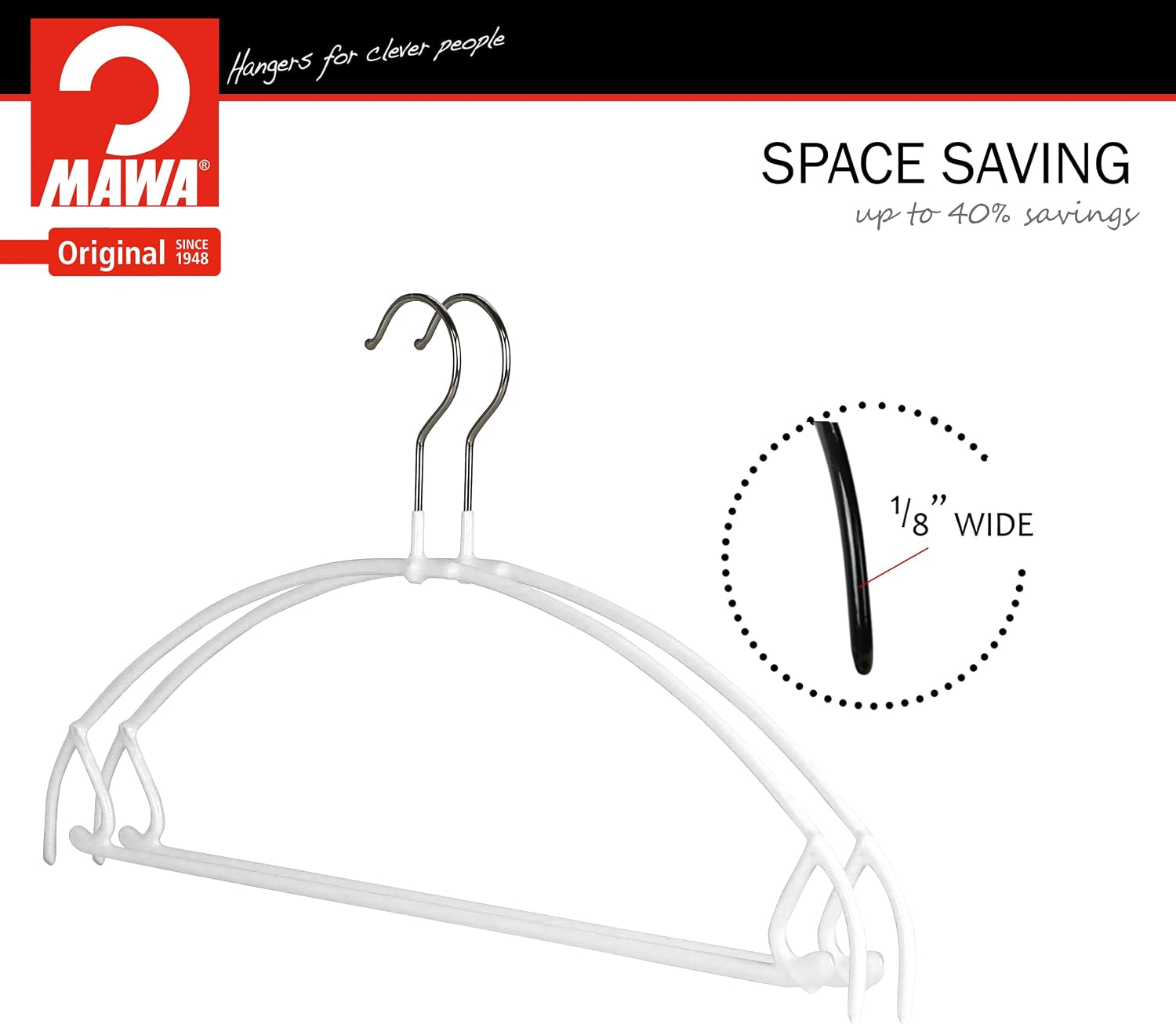 Mawa by Reston Lloyd Euro Ultra Light/Thin Series, Non-Slip Space Saving Clothes Hanger with Bar & Hook for Pants and Skirts, Style 42/PTU, Set of 10, White