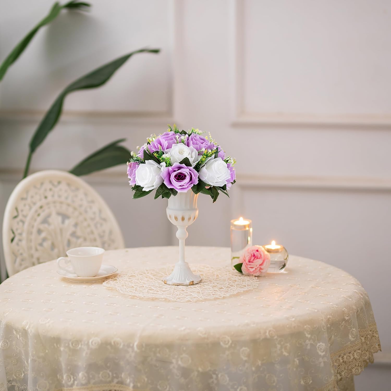 BLOSMON Lilac Flowers Balls for Centerpieces: 10 Pcs Purple White Fake Roses Flower for Wedding Table - Artificial Silk Kissing Bouquet Floral Arrangement Center for Home Party Event Decor - Image 8