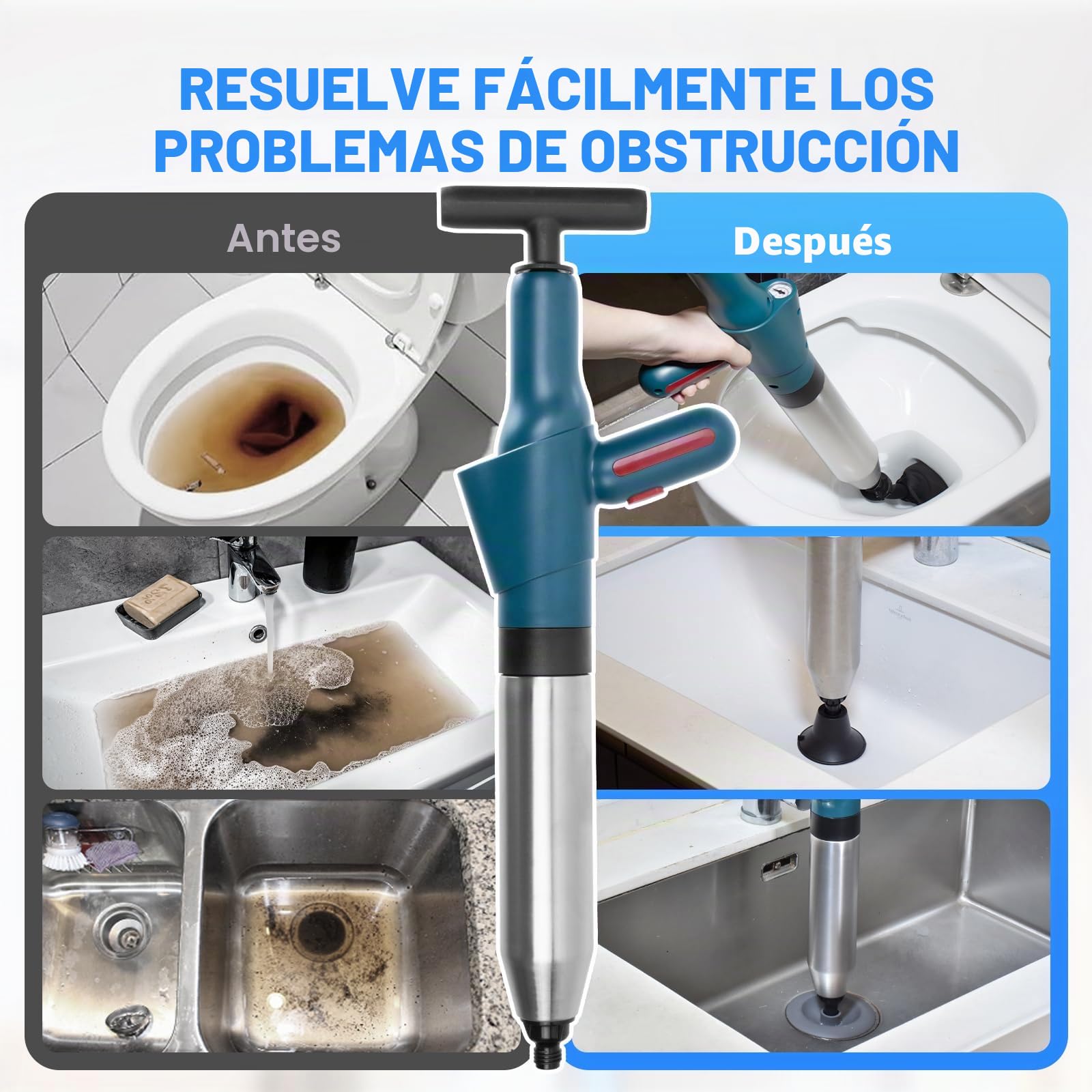 Desatascador tuberías profesional, destapador de cañerías con manómetro visible Bomba de Aire Comprimido,4 boquillas de caucho y alambre para tuberías, apto para WC, lavabos y fontanería del hogar