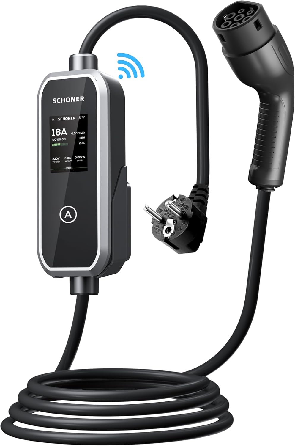 SCHONER® 3.5kw Taşınabilir Elektrikli Araç Şarj Istasyonu -Tak ve Şarj Et- Wi-Fi/Bluetooth Smart 5 Metre Tip2 Kablolu