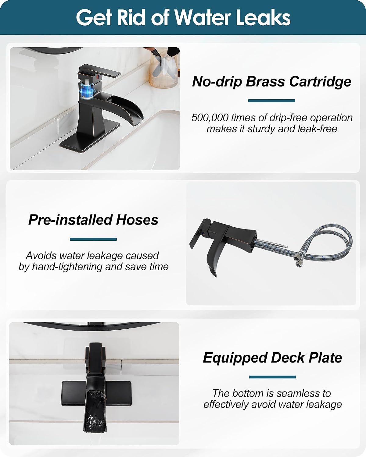 Bronze Bathroom Faucet 1 Hole or 3 Hole (4 Inch), Brass Waterfall Bathroom Faucets Single Handle, Farmhouse Faucet for Bathroom Sink with Deck Plate & Water Hoses, Not Equipped Pop-up Drain