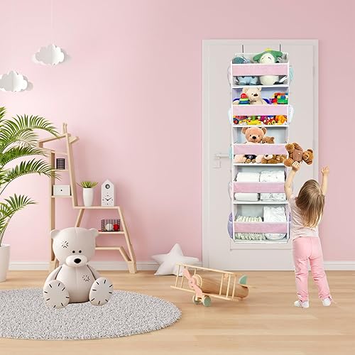 Miniatura 2 de homyfort Organizador para colgar sobre la puerta con 5 bolsillos grandes, 10 bolsillos laterales de malla, 5 estantes extra grandes y resistentes,