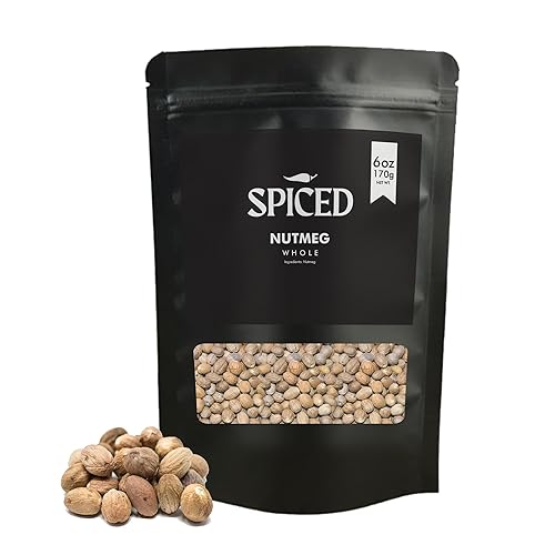 SPICED - Semillas enteras de nuez moscada de 6 onzas de semillas de nuez moscada listas para cocinar condimentar rallar moler café té y bebidas
