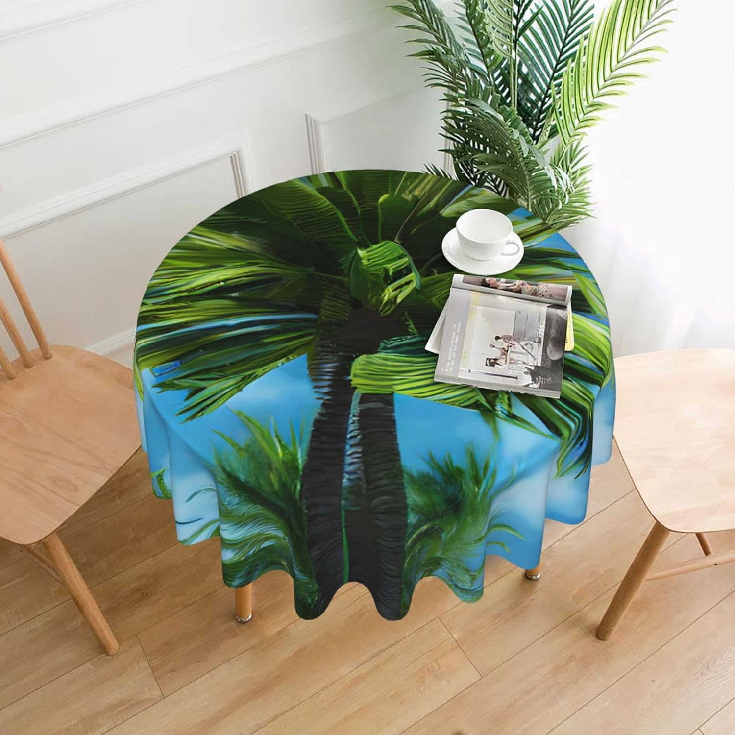 Summer Palm Tree Print Wrinkle Free Dining Table Cover for Birthday Party Farmhouse Tablecloths Up to 60 x 60 Inches