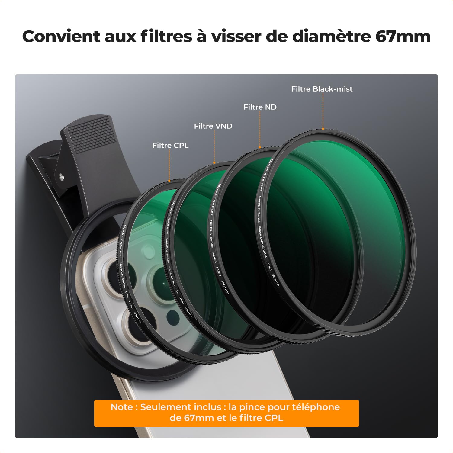 K&F CONCEPT 67mm Filtre Polarisant CPL et Clip Pince Compatible avec iPhone 17 16 15 14 Téléphone Smartphones Objectifs et Un Chiffon