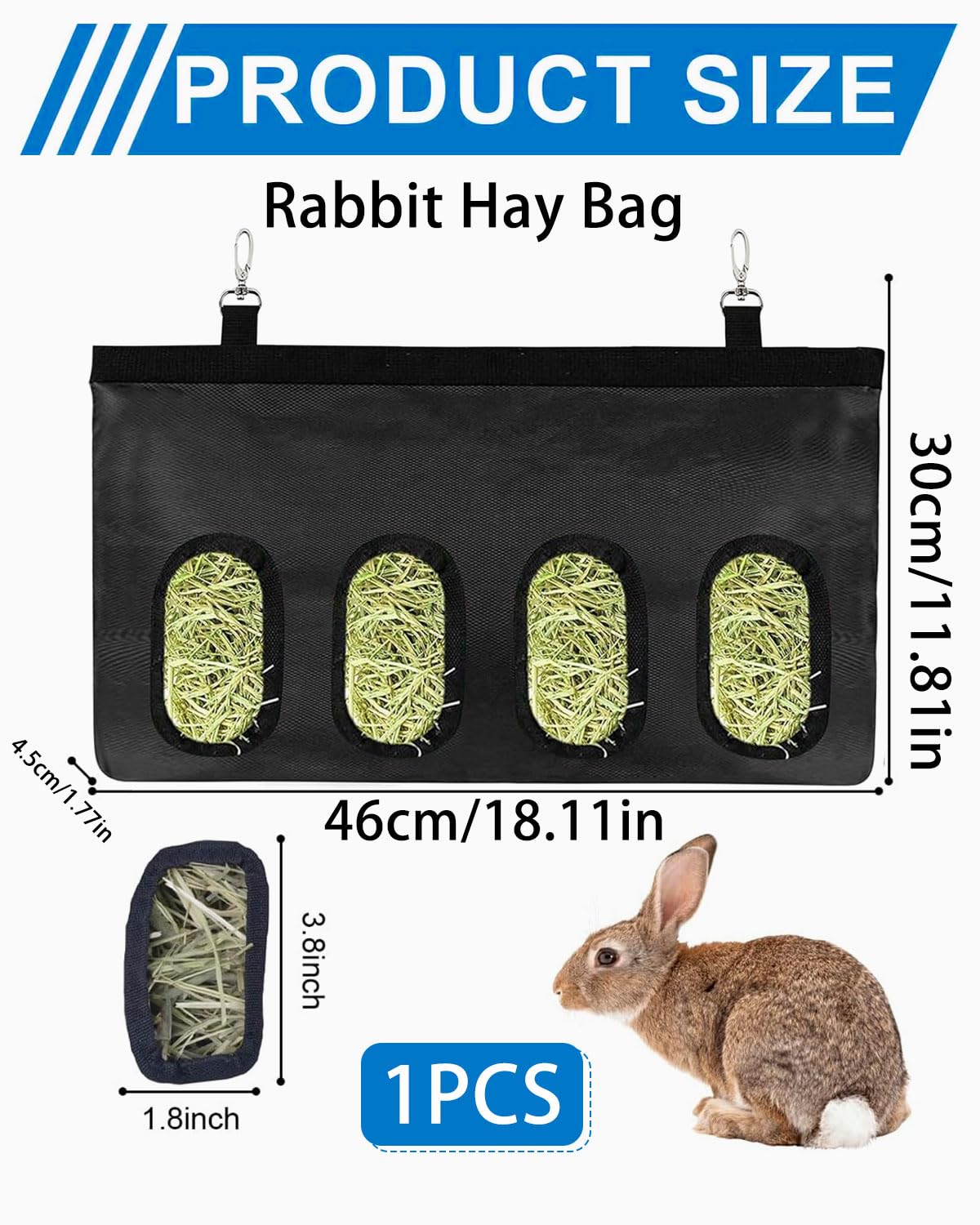 Sac de foin pour lapin, sac de foin, sac d'alimentation pour foin, sac de foin pour petits animaux, mangeoire suspendue pour foin avec 4 fenêtres pour petits animaux, noir