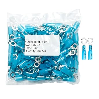 100pcs #10 Blue Heat Shrink Ring Connector,AWG 16-14 Gauge Tinned Red Copper 0.7mm Ring Terminals Connectors Reliable Connection for Easy Electrical Wiring