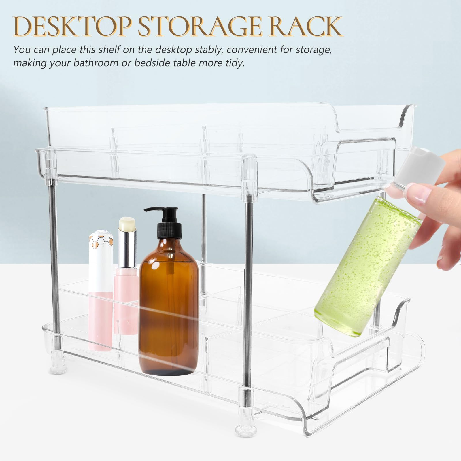 Abaodam Organizer Cosmetici da Tavolo a Due Livelli in Pet e Acciaio Inox | Piano Lavabo, Finitura Trasparente, Struttura Estraibile, Lavorazione Precisa e Stabile
