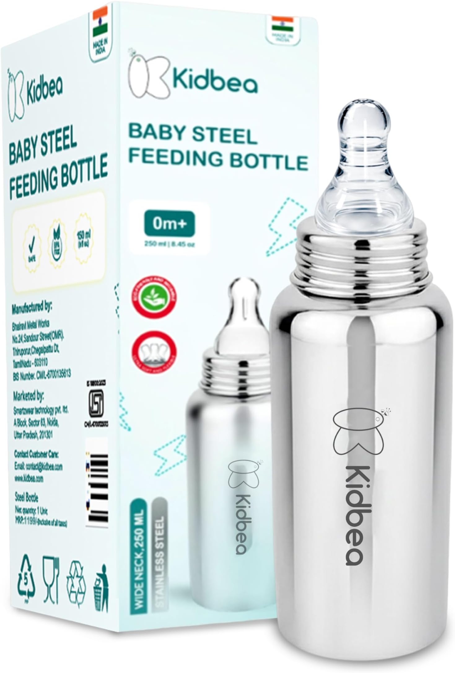 Kidbea Stainless Steel Infant Baby Feeding Bottle, BPA Free, Anti-Colic, Plastic-Free, Medium-Flow X 1 Nipple, 250 ML, Argyle