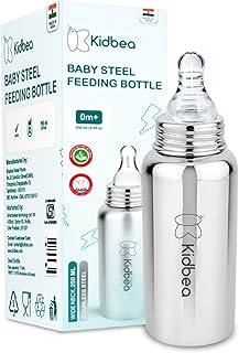 Kidbea Stainless Steel Feeding Bottle 250ml for Babies | BPA Free, Food Grade, Leakproof | Anti-Colic Nipple | Safe & Durable Baby Milk Feeder (Pack of 1)