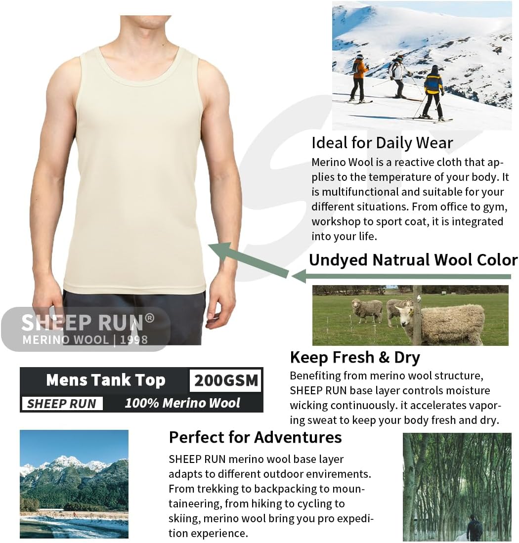 SHEEP RUN 100% Merino Wool Men's Lightweight Moisture Wicking Breathable Tank Top