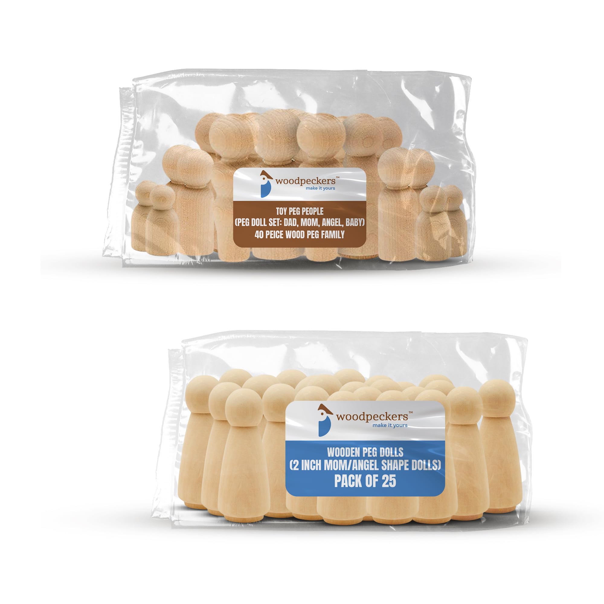 2 inch, Mom/Angel Shape Wood Peg Dolls Pack of 25 and Wood Peg Doll Set, 40 Piece Wood Peg Family (Toy Peg People: Dad, Mom, Angel, Child, Baby) by Woodpeckers