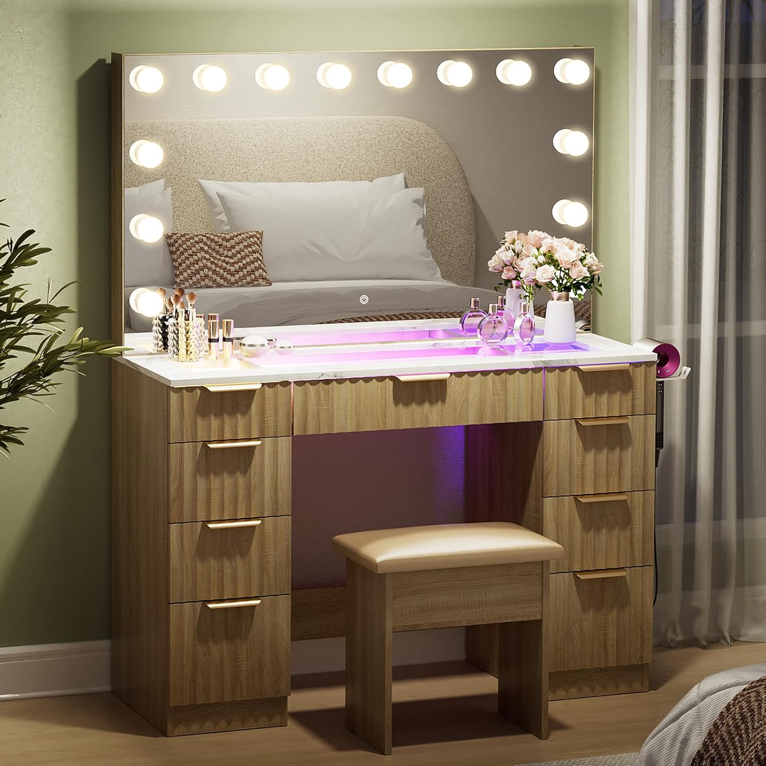 VOWNER Vanity with Mirror and Lights, 43" Makeup Vanity Desk with LED Light, Glass Top Vanity with RGB Drawers, 3 Color Lighting Modes Adjustable Brightness, Makeup Table for Bedroom, Marble