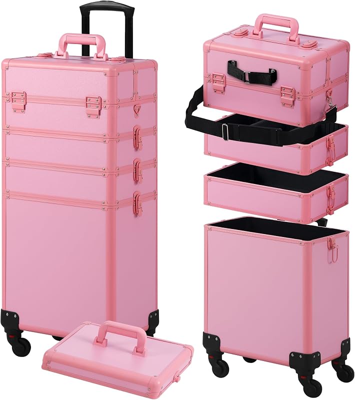 Maleta de maquiagem Somduy com rodinhas, tampa e 5 compartimentos, rosa