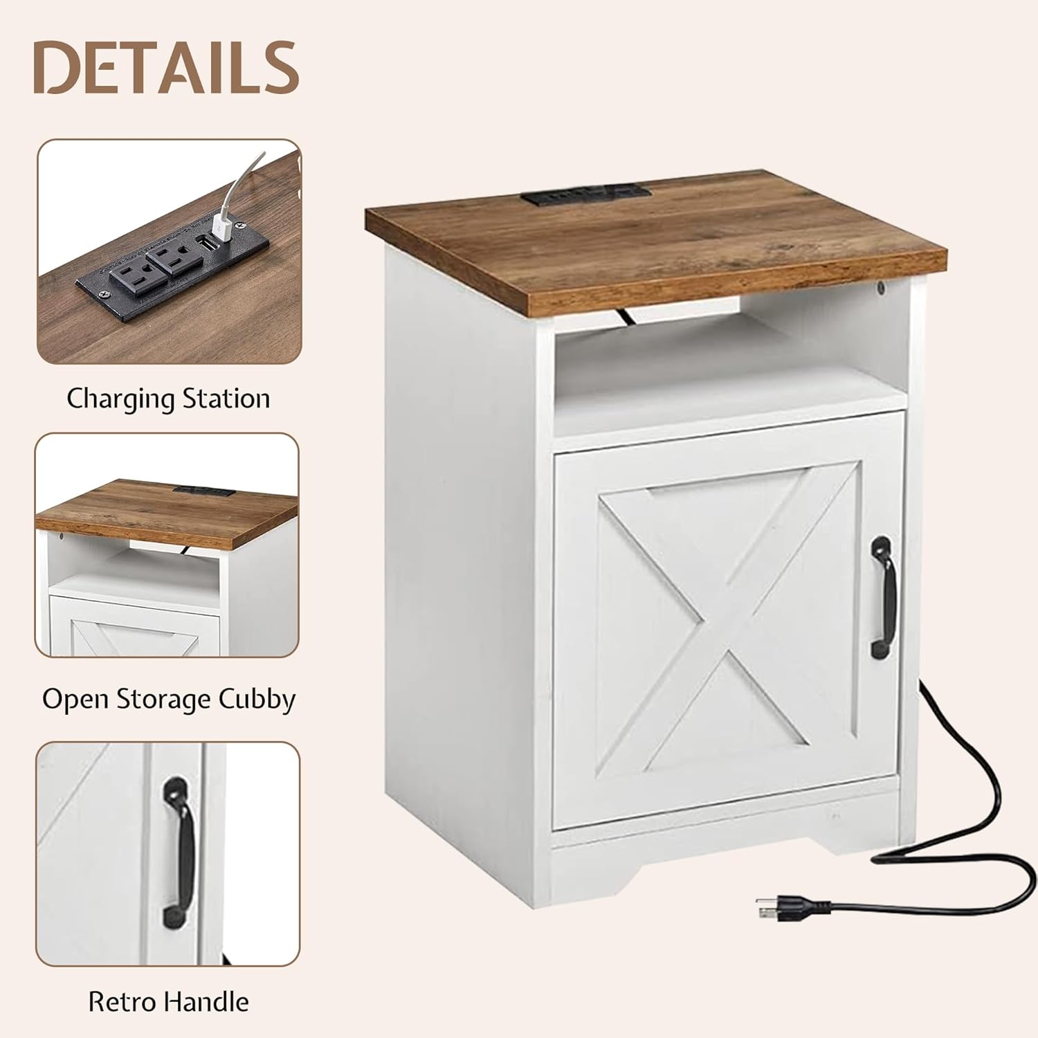 3-Piece Farmhouse Living Room Table Sets, Includes 1 x Coffee Table, 2 x End Tables with Charging Station & USB Ports, Rustic Coffee Table Set of 3, Distressed White