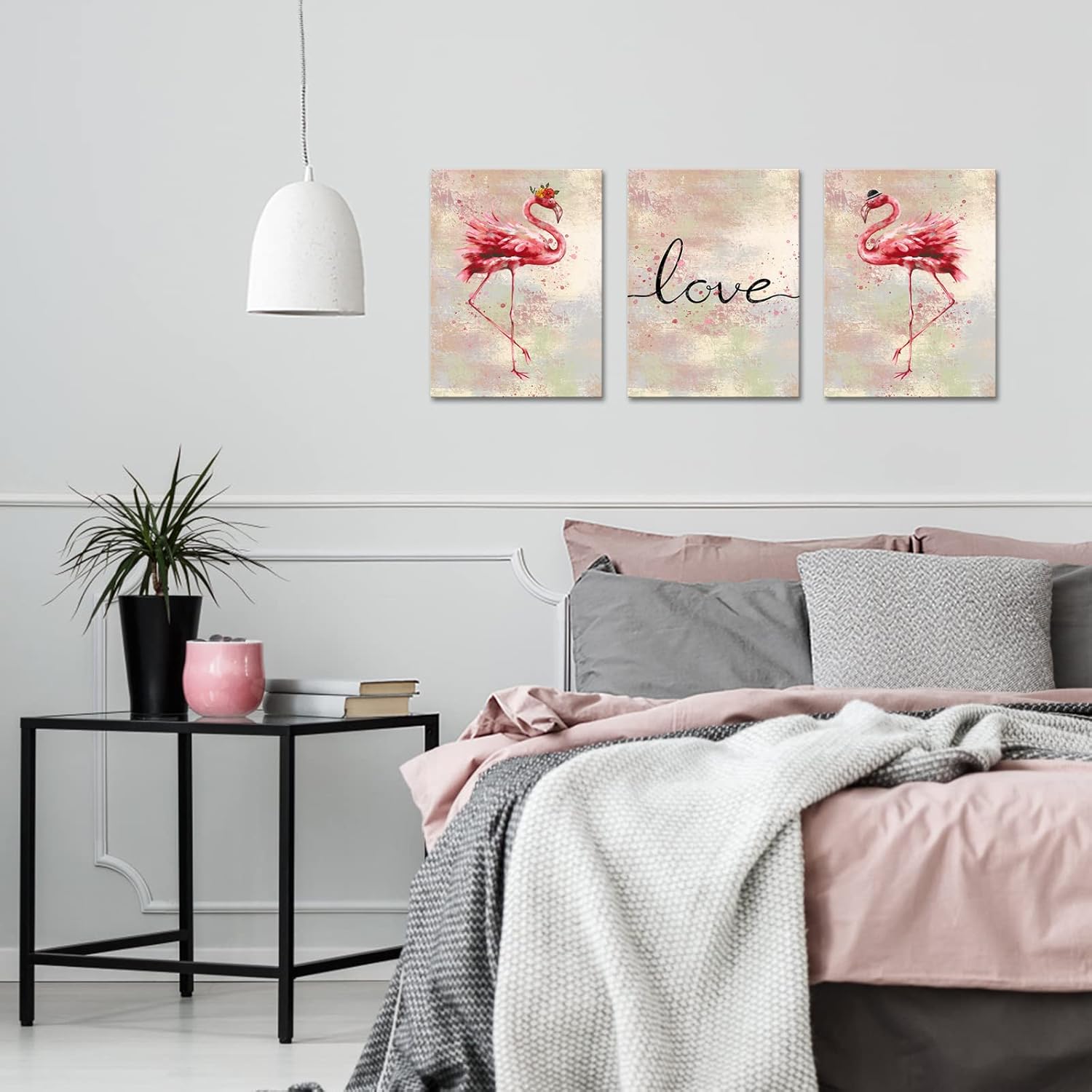 Conipit Flamingo Canvas Wall Art for Living Room Pink Picture Prints Love Artwork Romantic Flamingo Painting Wall Decor Framed Ready to Hang 12''x16''x3 Panels