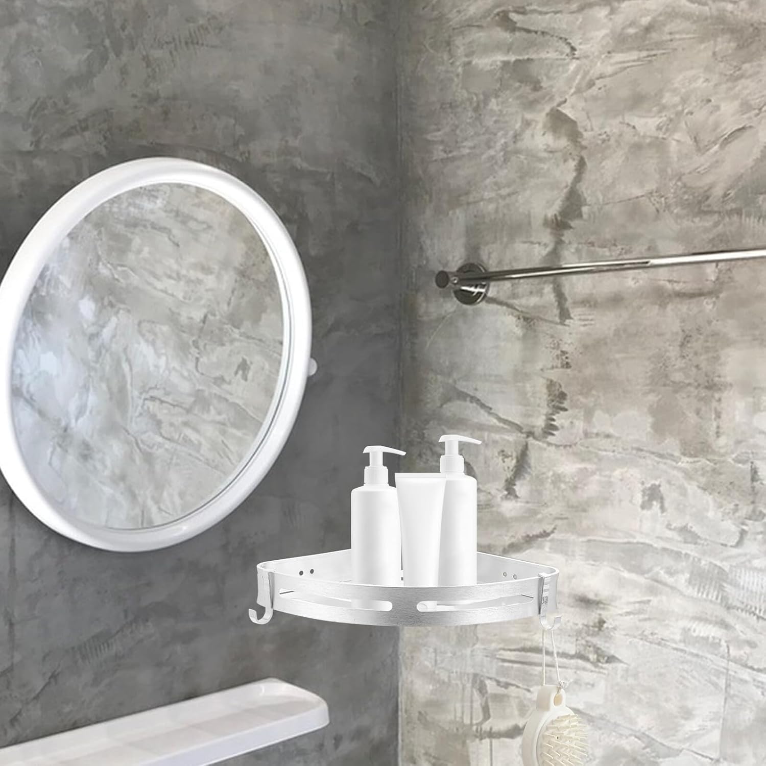 Punch-Free Wall-Mounted Storage Rack Triangle Shelf, Space Aluminum Double-Layer Commodity Shelf with Hooks for Bathroom Corner Organization