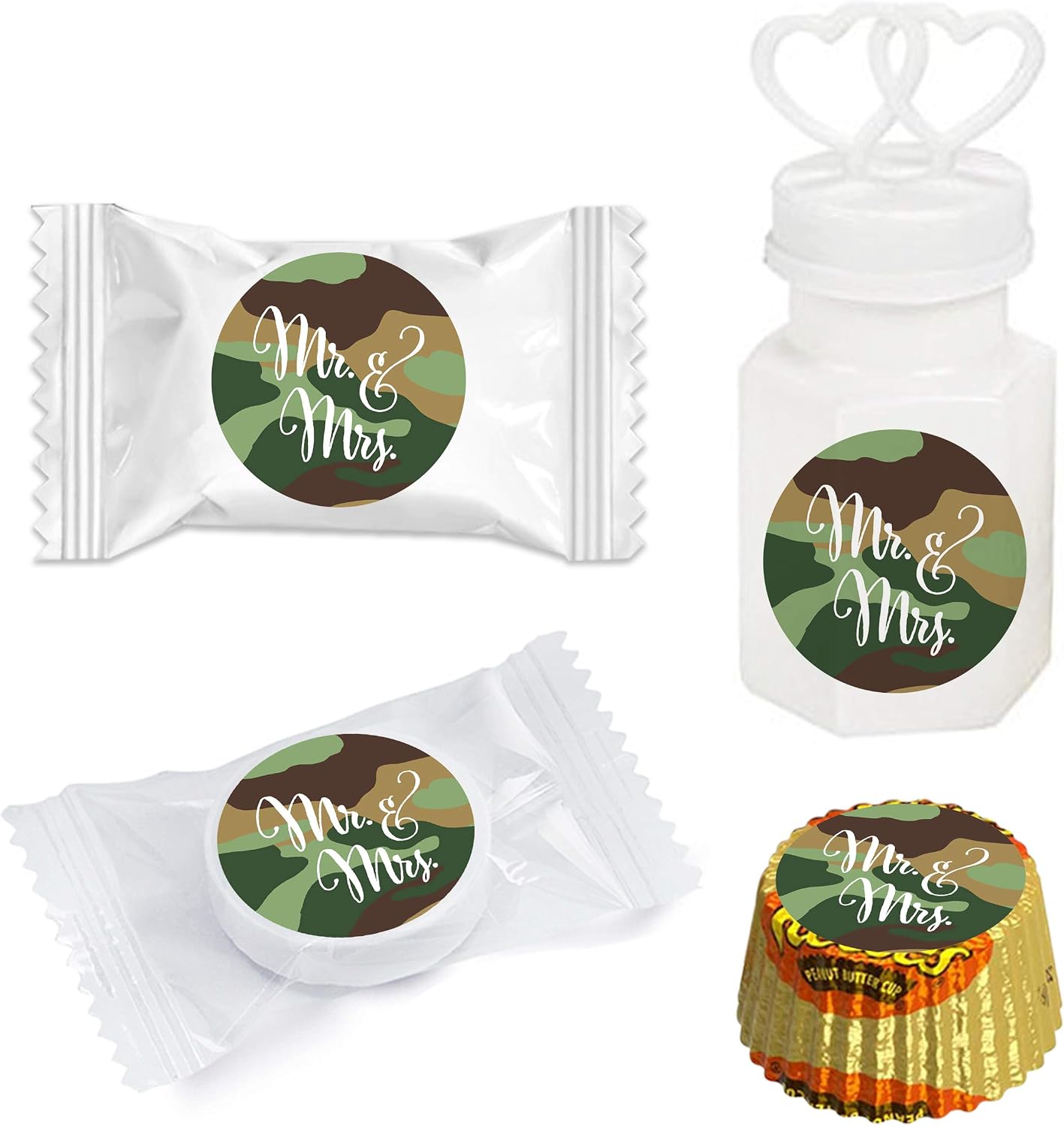 Andaz Press Chocolate Drop Labels Stickers, Wedding, Mr. & Mrs. Camouflage 216-Pack, for Kisses Party Favors, Gifts, Decorations