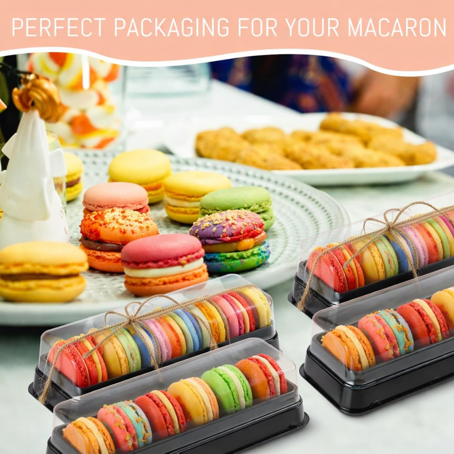 Remerry 200 Pcs Macaron Boxes with Clear Lids Bulk Macaroon Container Macaroon Packaging Boxes with 6 Grid Christmas Party Favors for Baby shower Wedding Bakery, 7.6 x 2.8 x 1.9 Inches